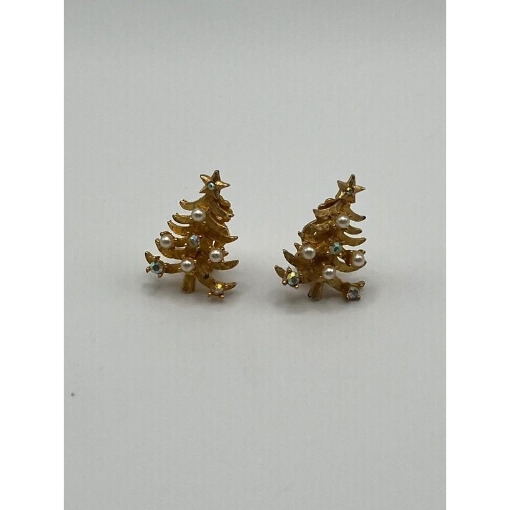 Vintage MYLU Christmas Tree Clip-On Earrings Faux Pearl AB Rhinestones Gold Tone